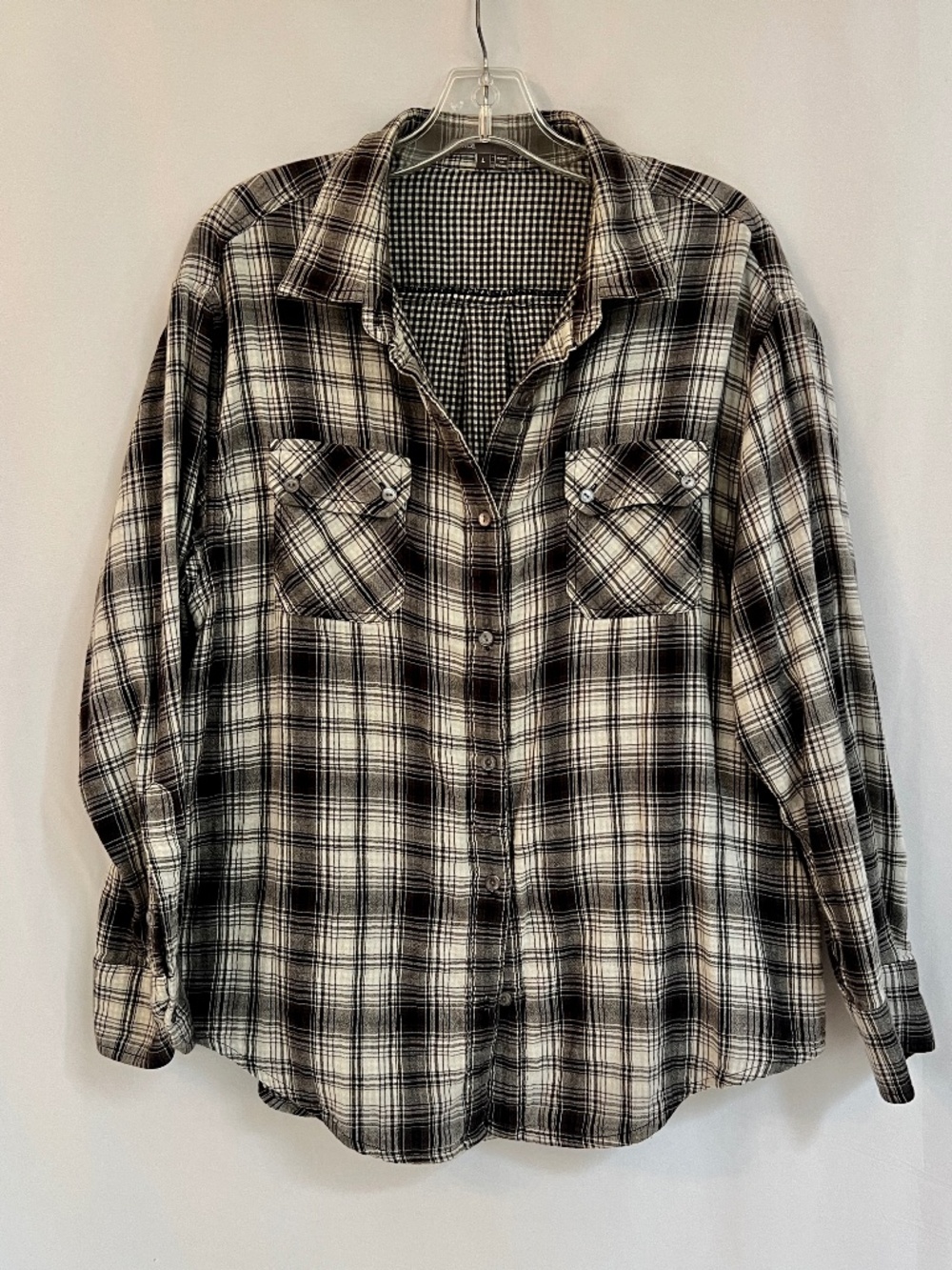 Vince Women's Plaid Button down Shirt Black&white Cotton Lined Long Sleeve Sz L